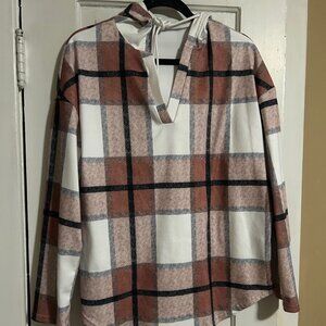 Ultra Soft Adult Hoodie, Windowpane Plaid Size L, White/Black/Brown, Like New!